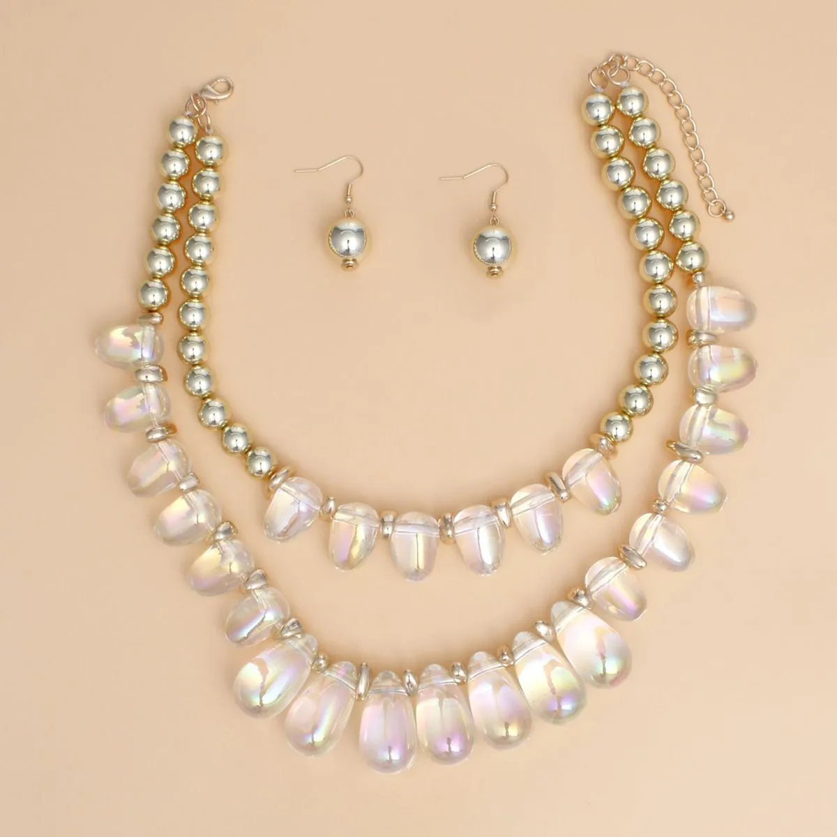 Beaded Clear Iridescent Teardrop Bead Necklace