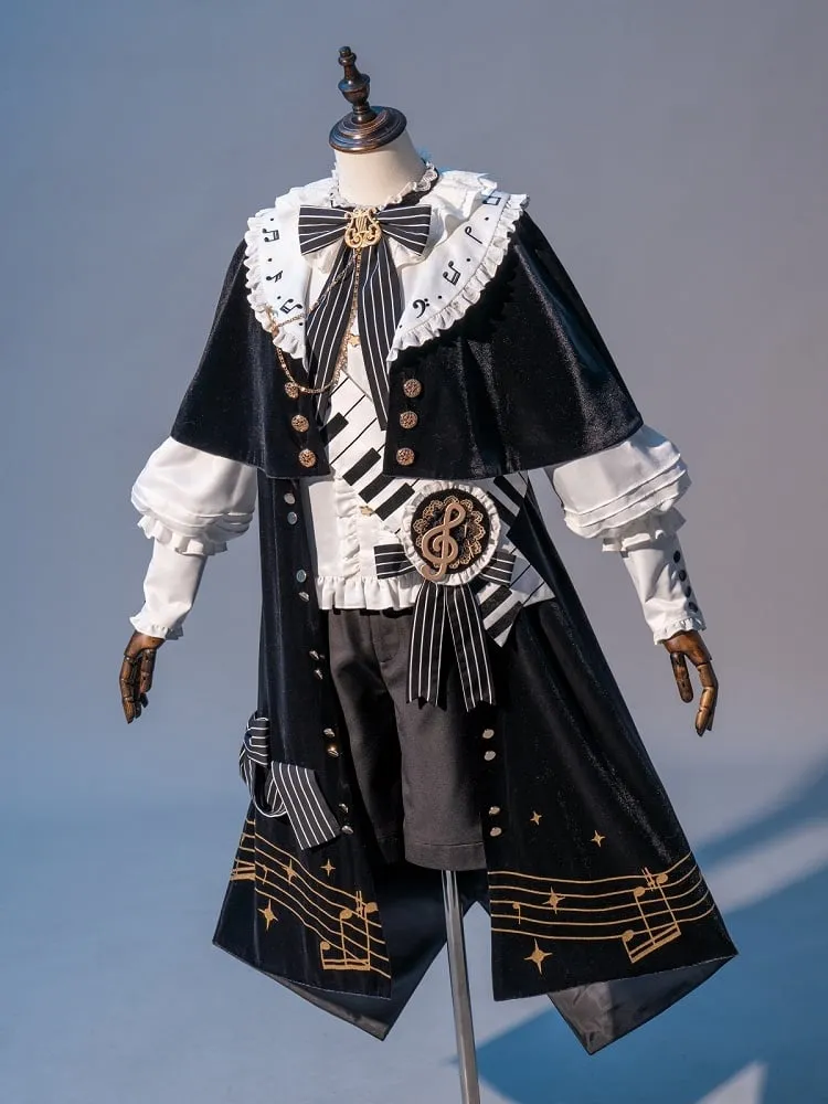 Black and White Ouji Lolita Full Set - White Shirt   Black Shorts   Musical Note Print Black Robe
