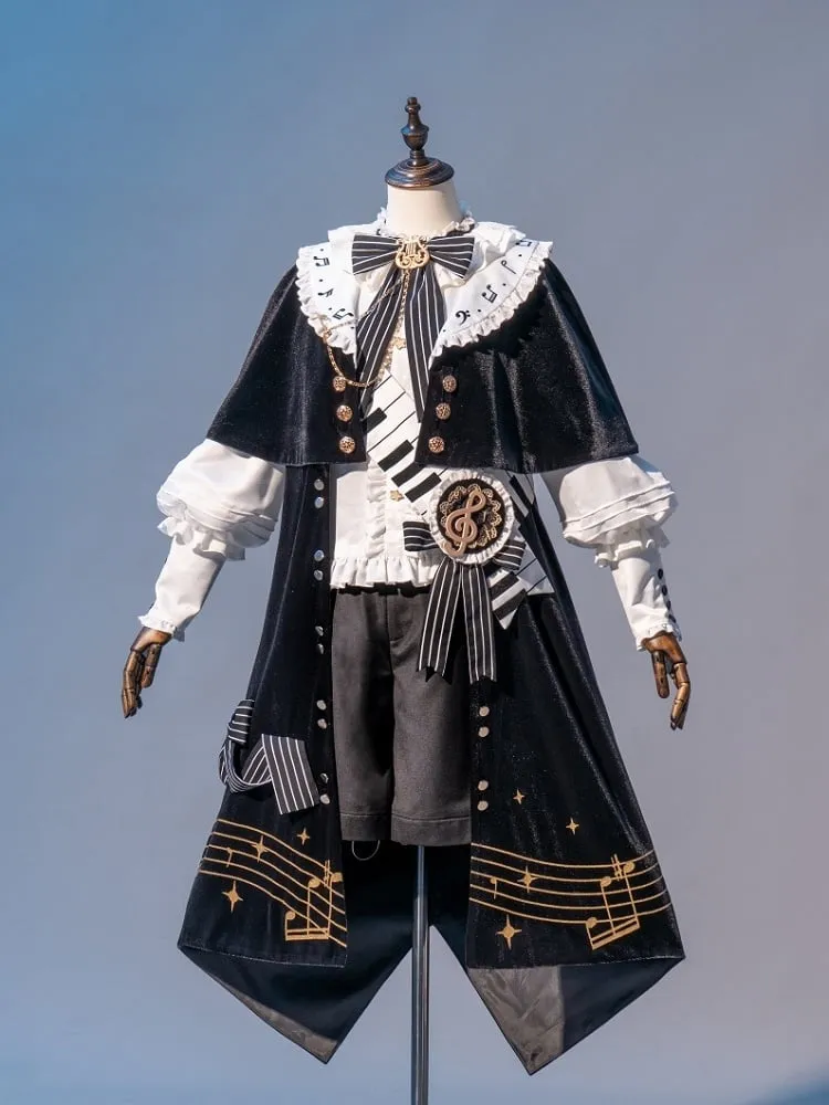 Black and White Ouji Lolita Full Set - White Shirt   Black Shorts   Musical Note Print Black Robe
