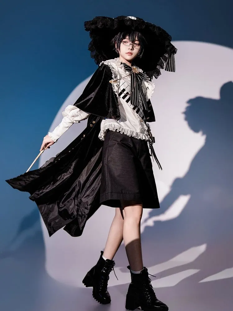 Black and White Ouji Lolita Full Set - White Shirt   Black Shorts   Musical Note Print Black Robe