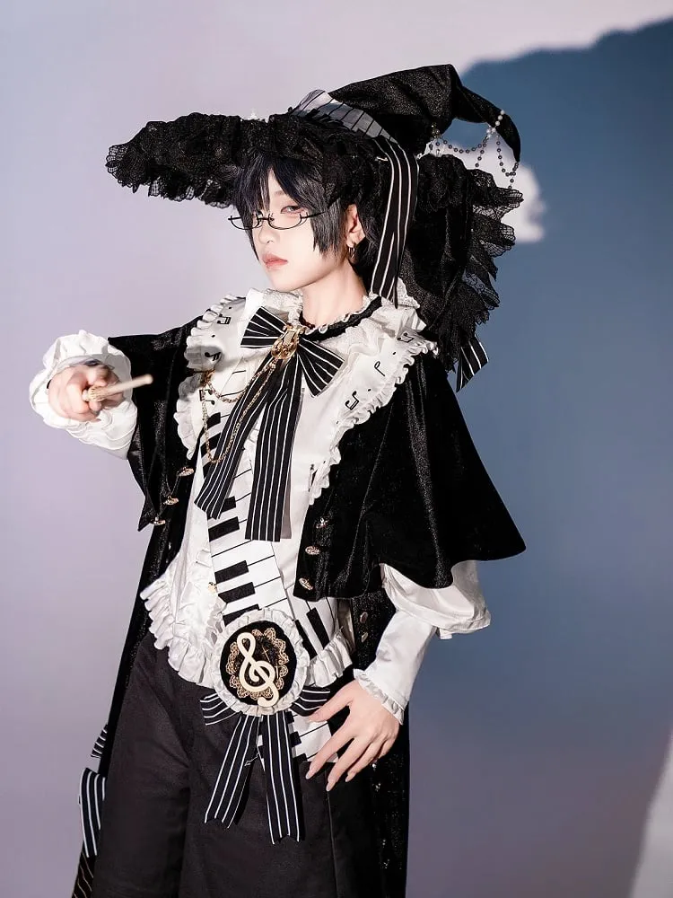 Black and White Ouji Lolita Full Set - White Shirt   Black Shorts   Musical Note Print Black Robe