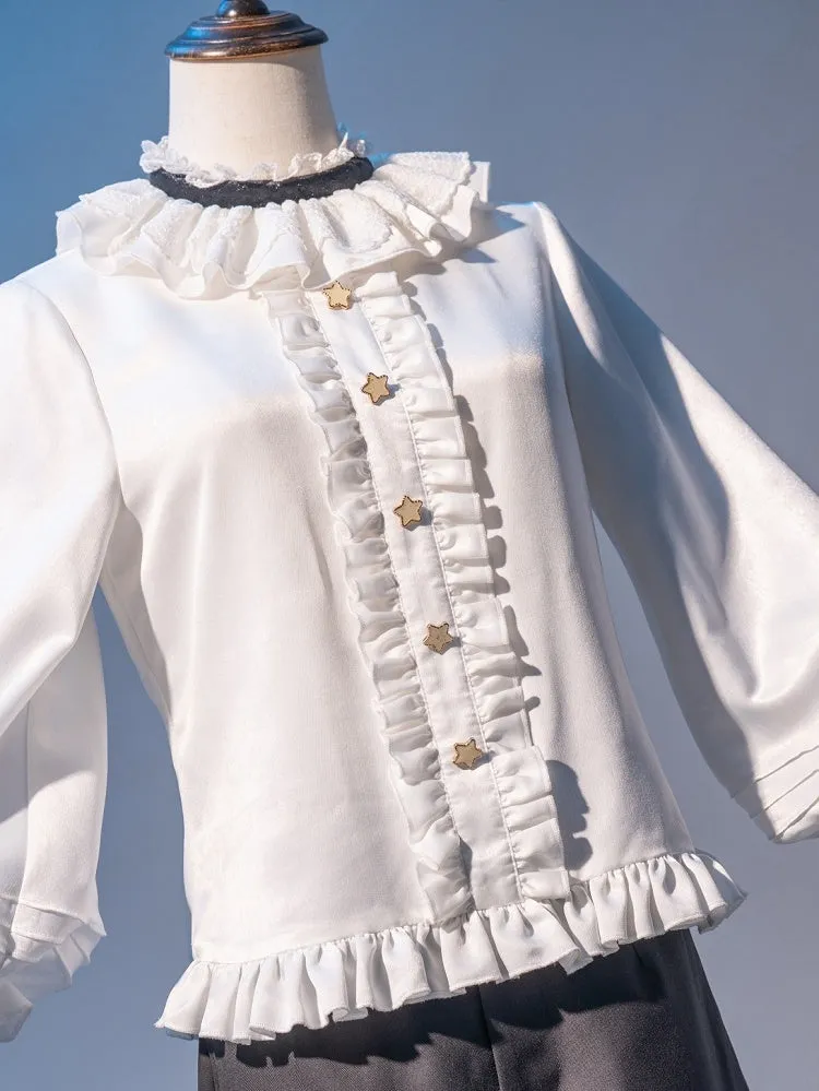Black and White Ouji Lolita Full Set - White Shirt   Black Shorts   Musical Note Print Black Robe