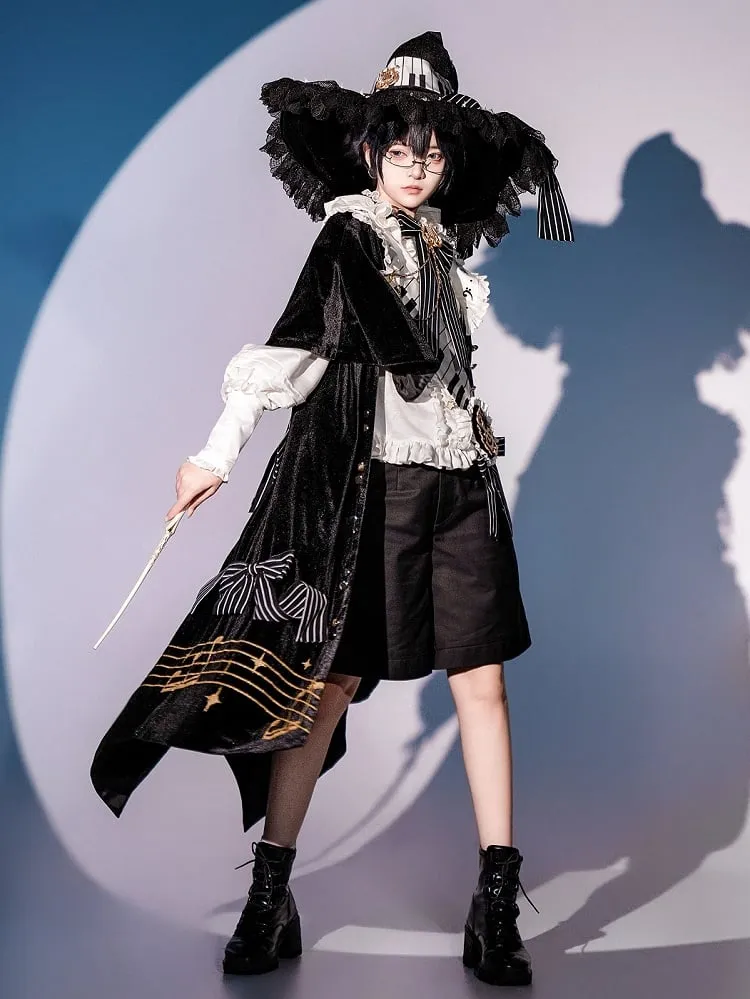 Black and White Ouji Lolita Full Set - White Shirt   Black Shorts   Musical Note Print Black Robe