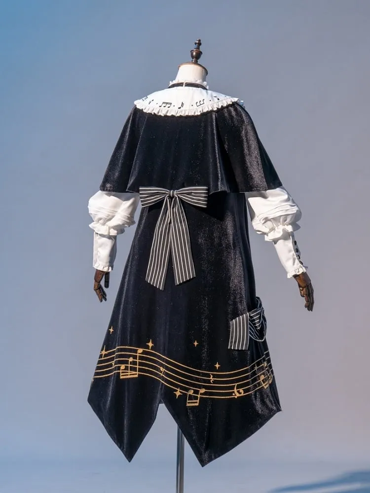 Black and White Ouji Lolita Full Set - White Shirt   Black Shorts   Musical Note Print Black Robe