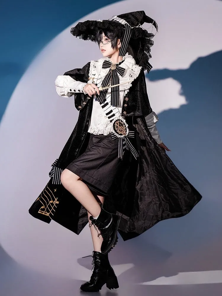 Black and White Ouji Lolita Full Set - White Shirt   Black Shorts   Musical Note Print Black Robe