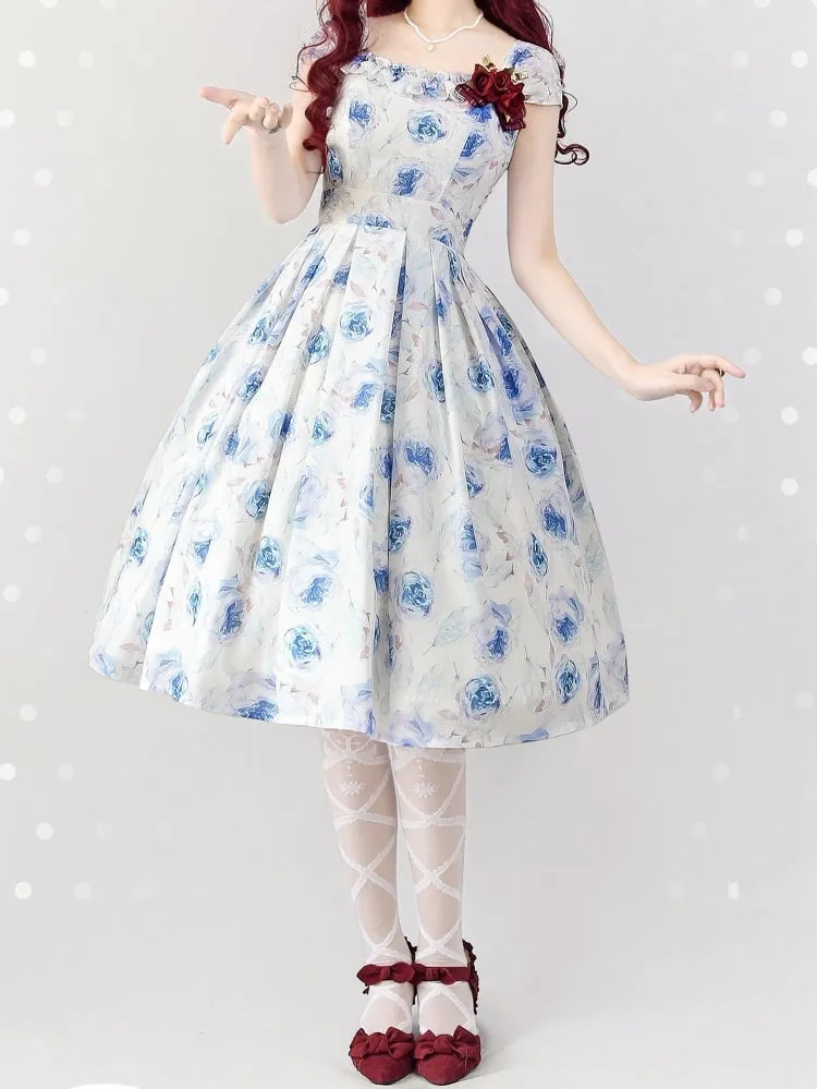 Blue Floral Print Jumper Skirt Spring Summer Dress
