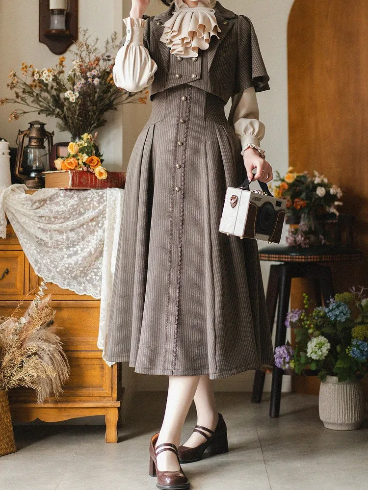 Brown Retro Fashion Blazer Collar Butterfly Sleeves Cropped Top