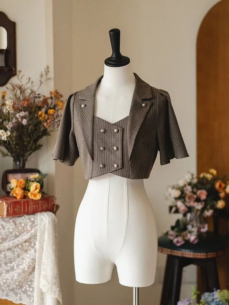 Brown Retro Fashion Blazer Collar Butterfly Sleeves Cropped Top