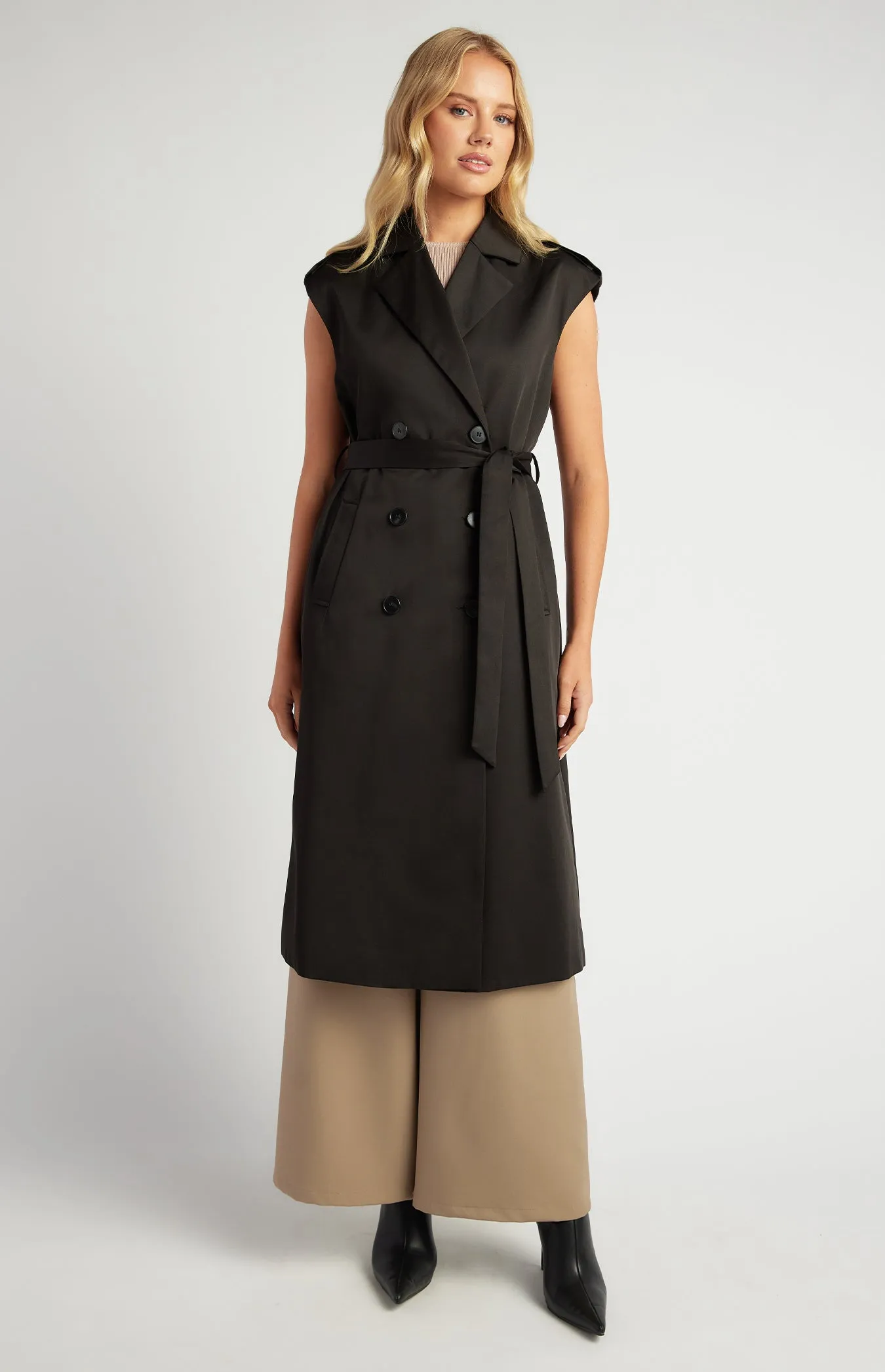 Evelyn Sleeveless Trench Coat - Black