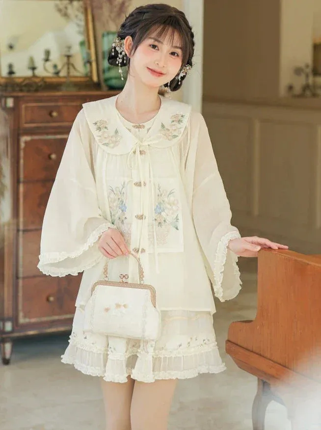 Frilled Shirt Attached China Collar Skirt   Forest Sheer