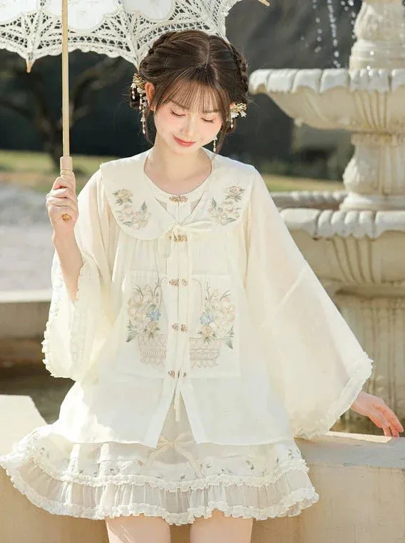 Frilled Shirt Attached China Collar Skirt   Forest Sheer