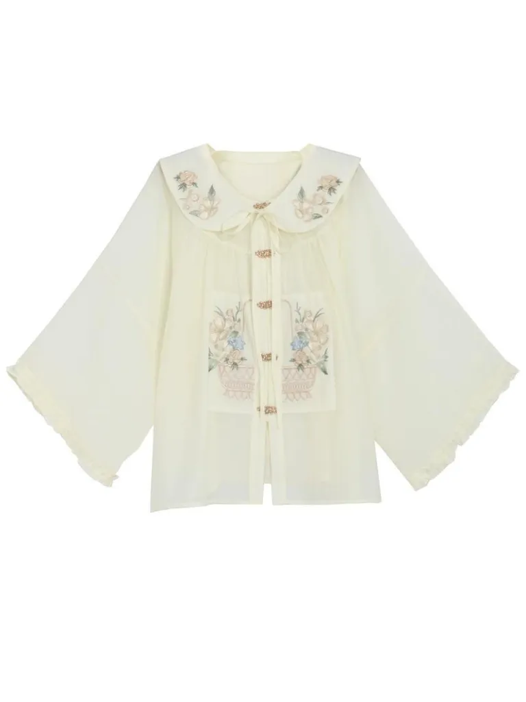 Frilled Shirt Attached China Collar Skirt   Forest Sheer