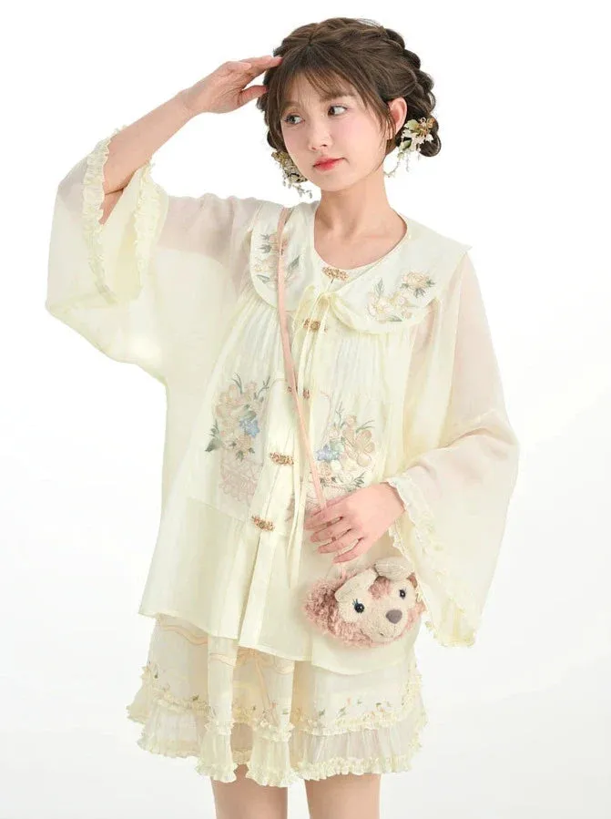 Frilled Shirt Attached China Collar Skirt   Forest Sheer