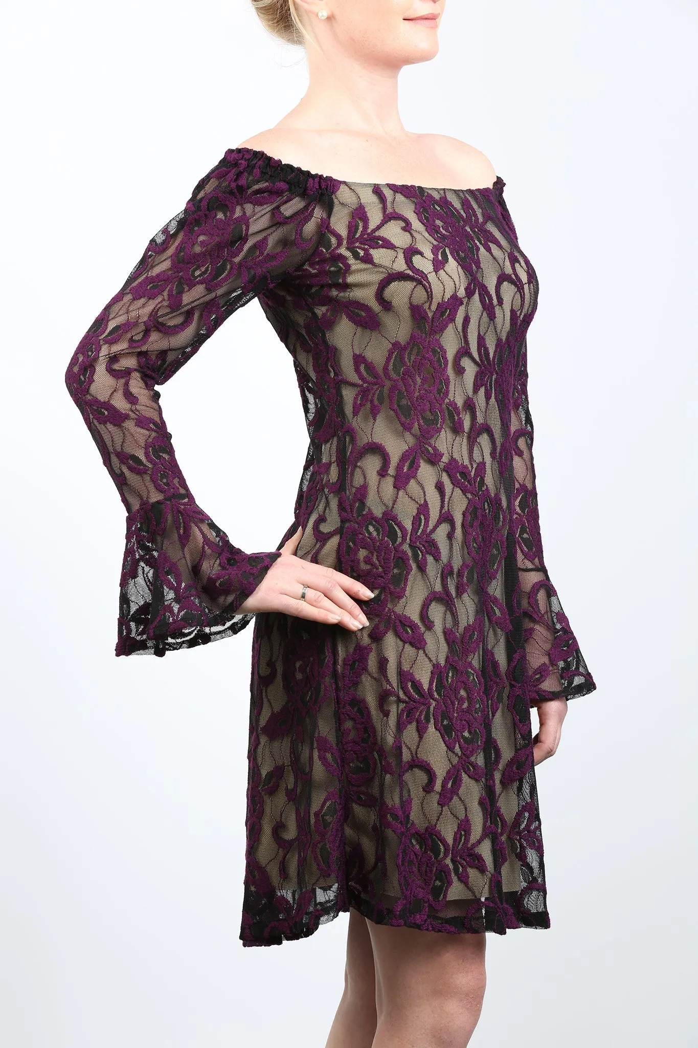 NURIELLE Off-Shoulder Bell Sleeves Embroidered Lace Dress Magenta