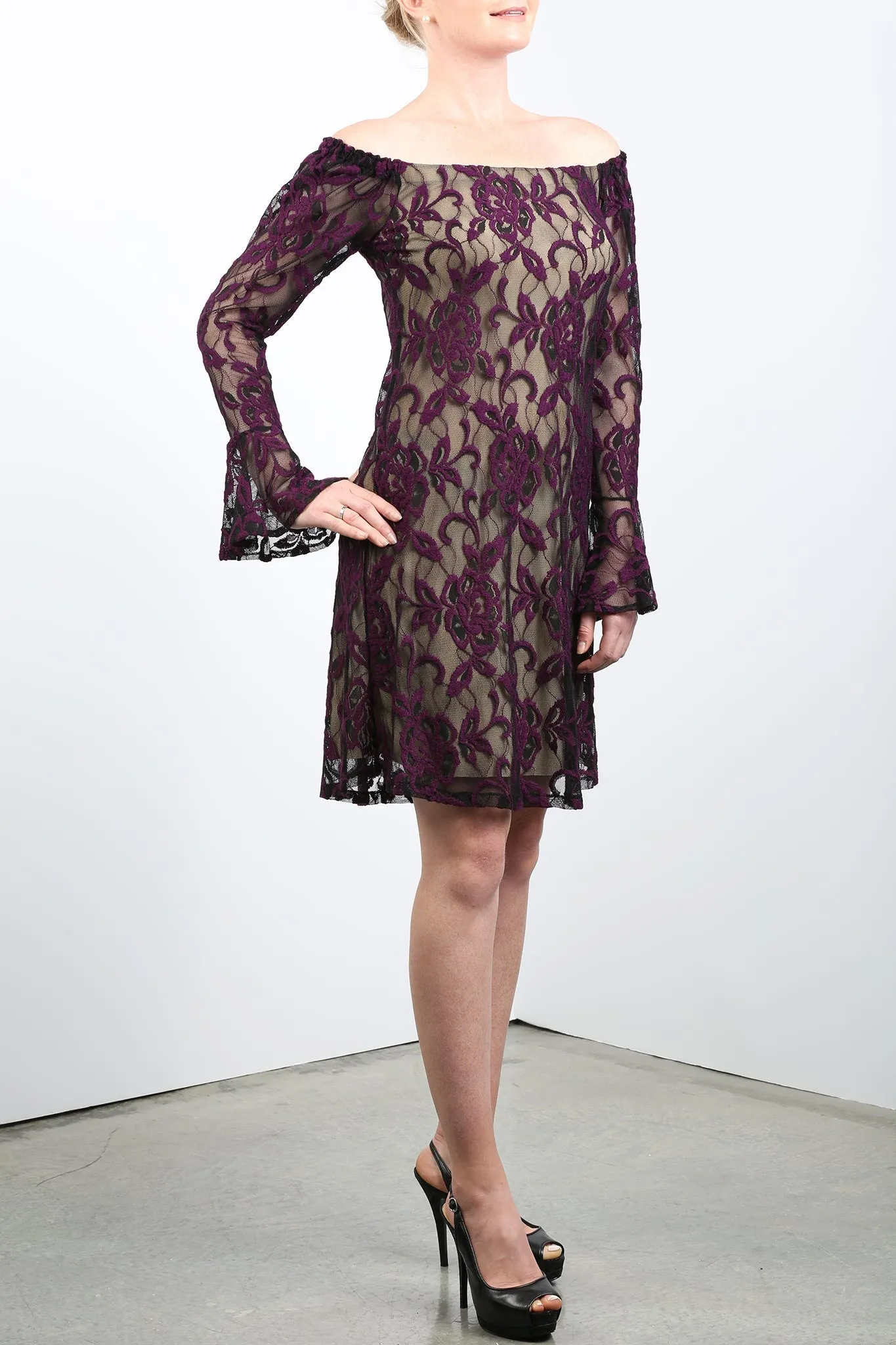 NURIELLE Off-Shoulder Bell Sleeves Embroidered Lace Dress Magenta