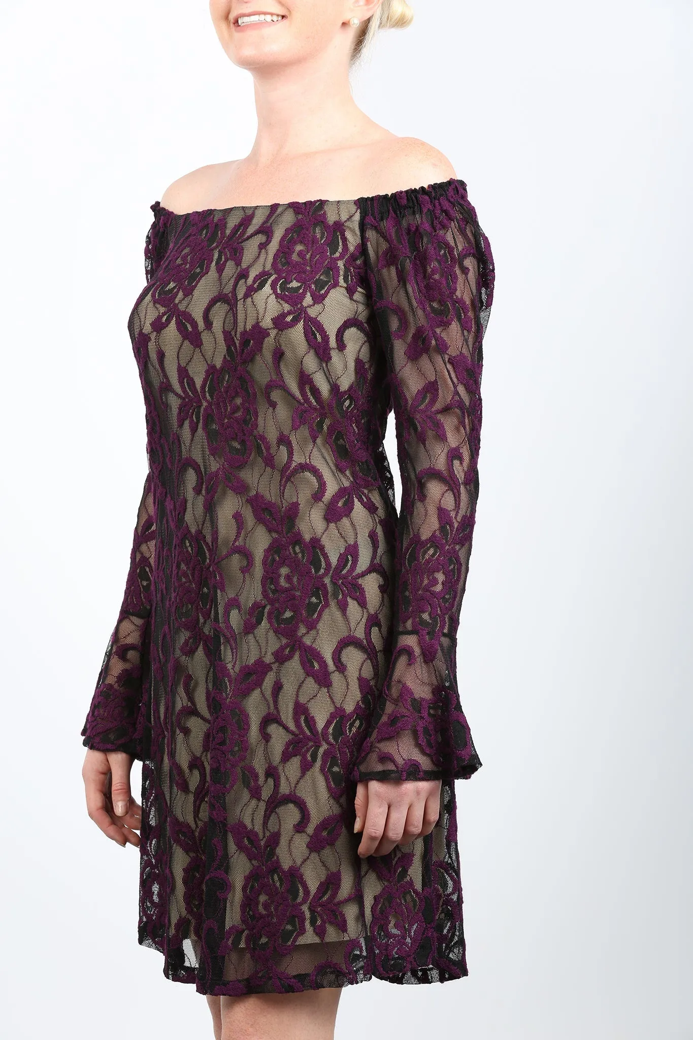 NURIELLE Off-Shoulder Bell Sleeves Embroidered Lace Dress Magenta