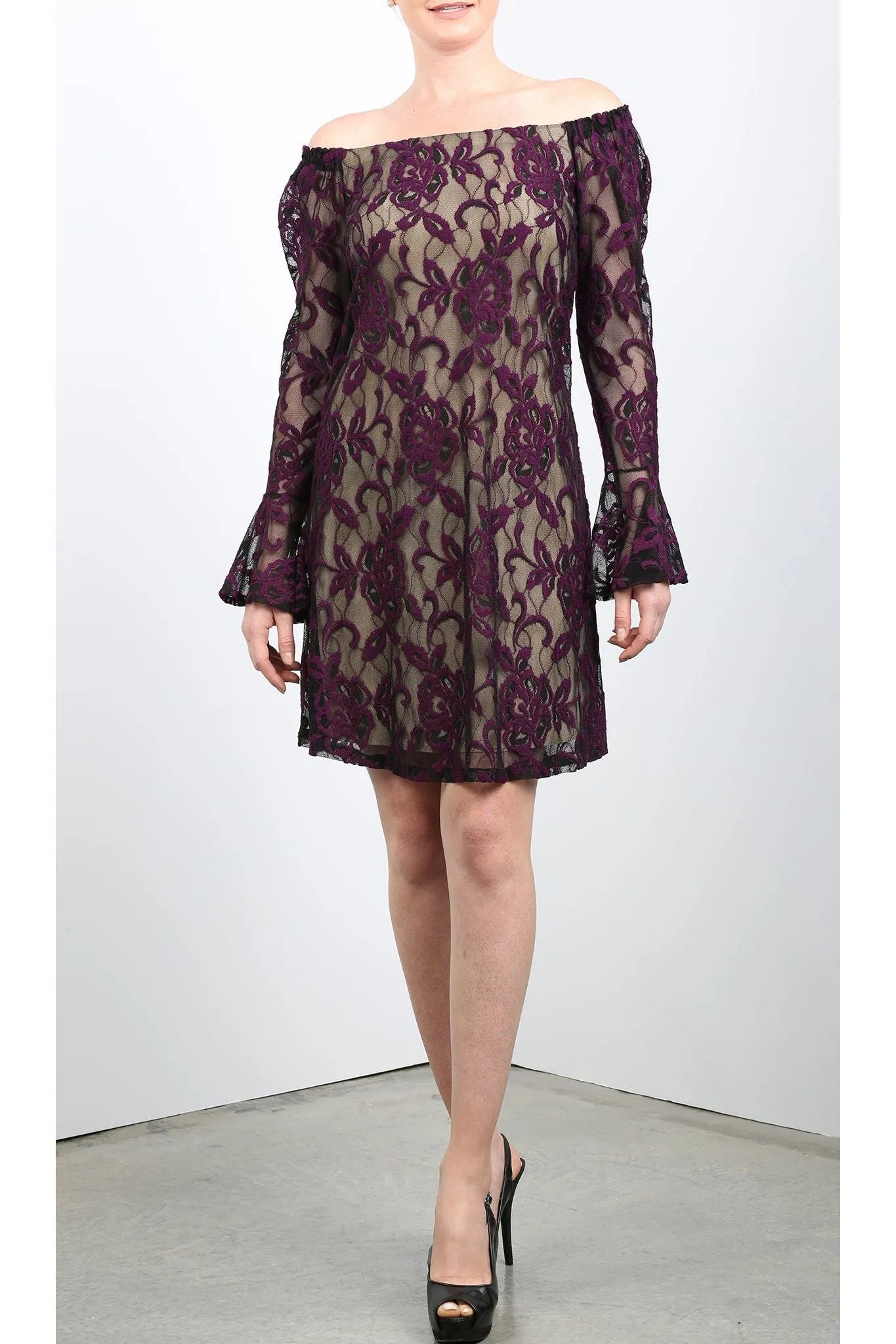 NURIELLE Off-Shoulder Bell Sleeves Embroidered Lace Dress Magenta