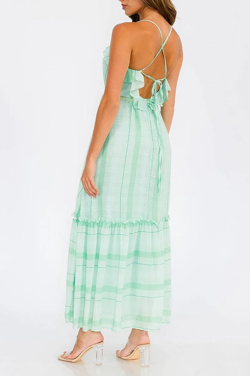 STRIPE RUFFLE TIERED MAXI DRESS WITH OPEN BACK