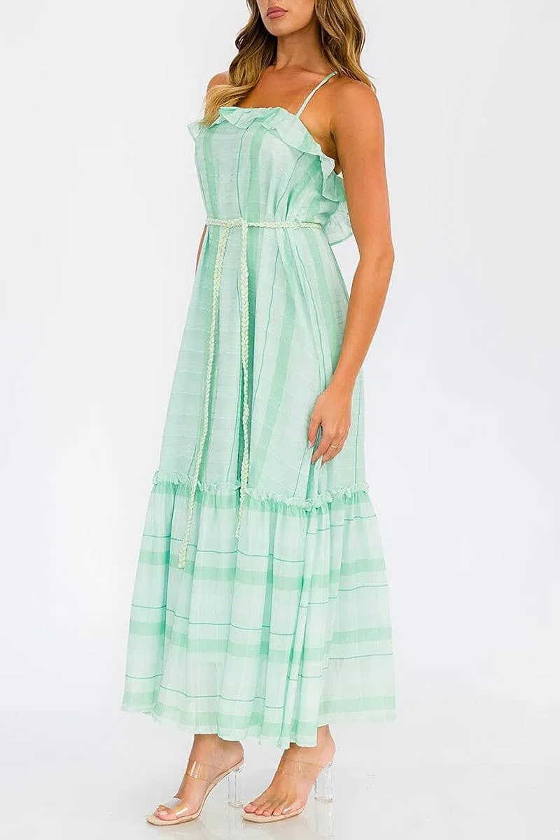 STRIPE RUFFLE TIERED MAXI DRESS WITH OPEN BACK