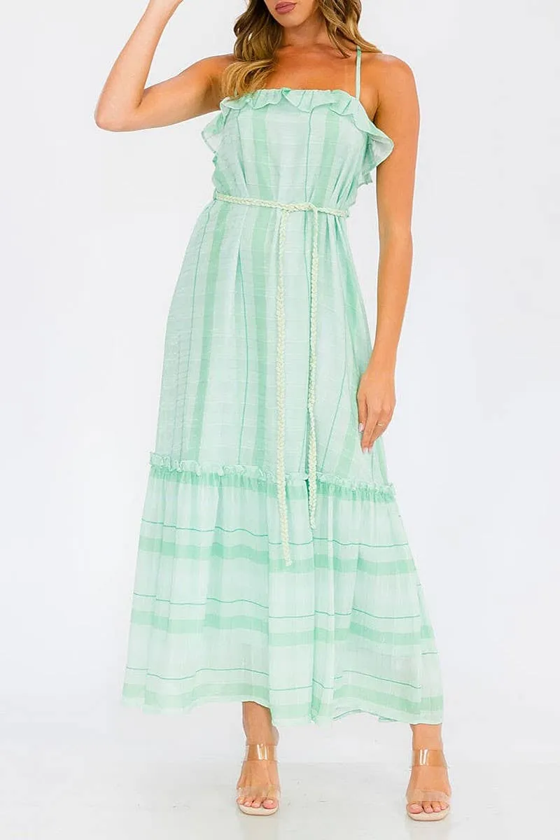 STRIPE RUFFLE TIERED MAXI DRESS WITH OPEN BACK