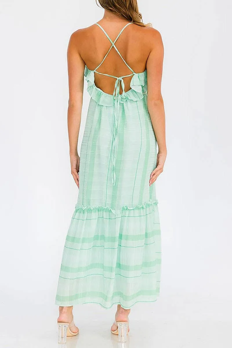 STRIPE RUFFLE TIERED MAXI DRESS WITH OPEN BACK