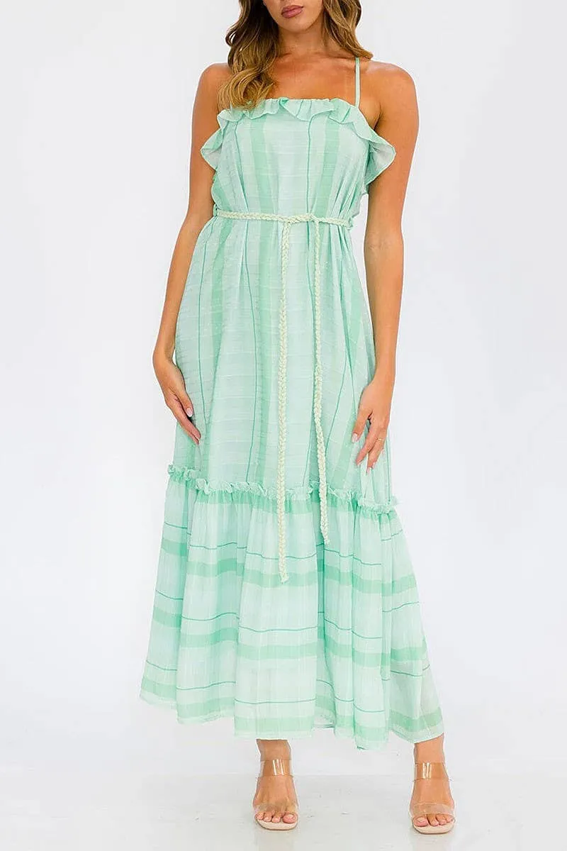 STRIPE RUFFLE TIERED MAXI DRESS WITH OPEN BACK