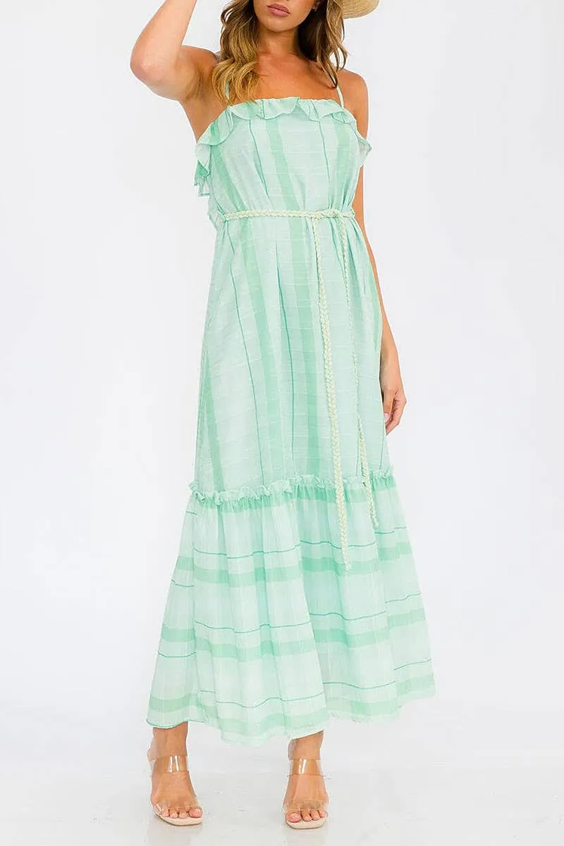 STRIPE RUFFLE TIERED MAXI DRESS WITH OPEN BACK