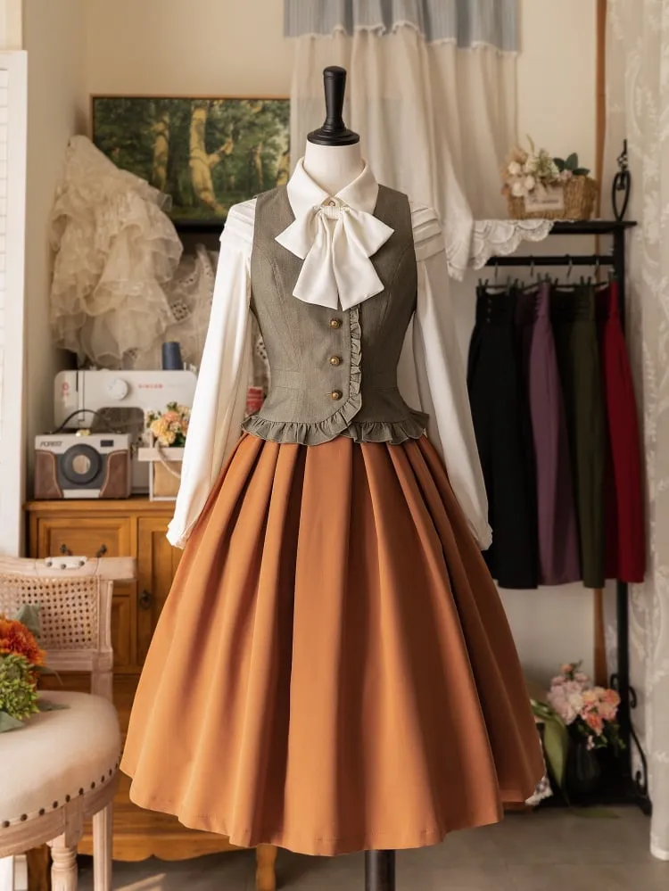 White Long Sleeves Ruffle Trim Shirt with Bow Tie