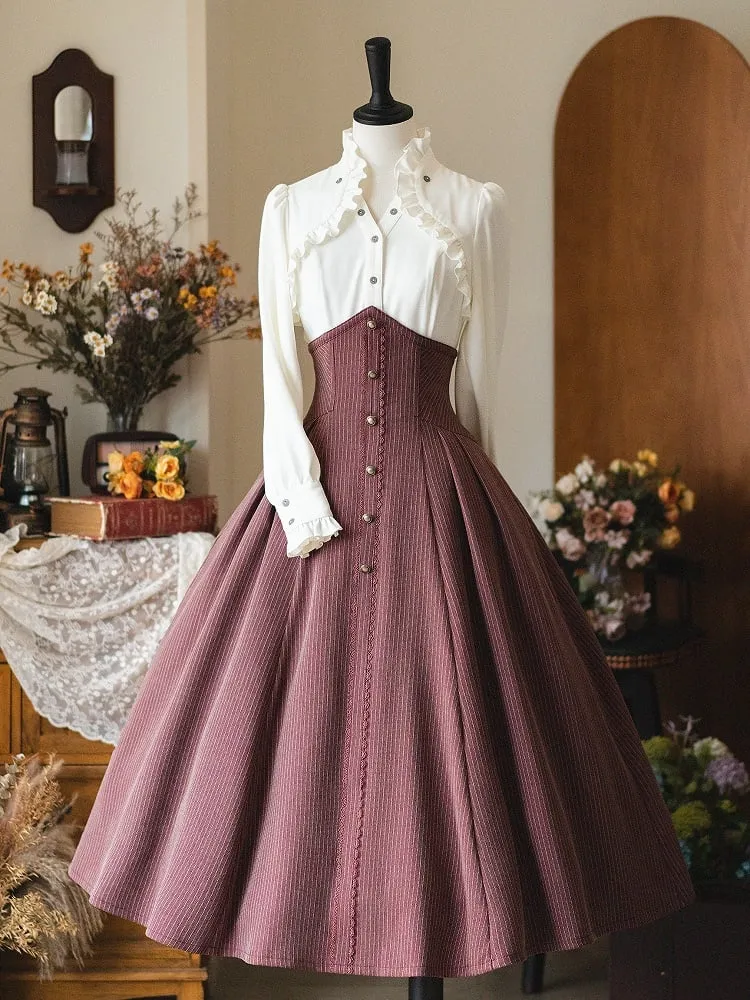 White Ruffled Banded Collar Elegant Long Sleeeves Shirt with Detachable Bow/Jabot Tie