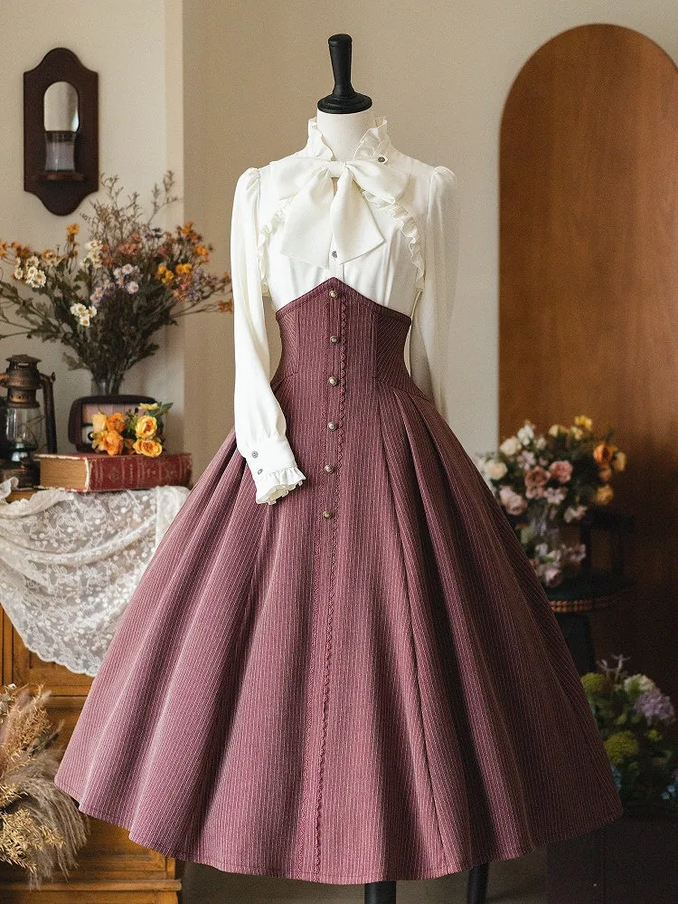 White Ruffled Banded Collar Elegant Long Sleeeves Shirt with Detachable Bow/Jabot Tie