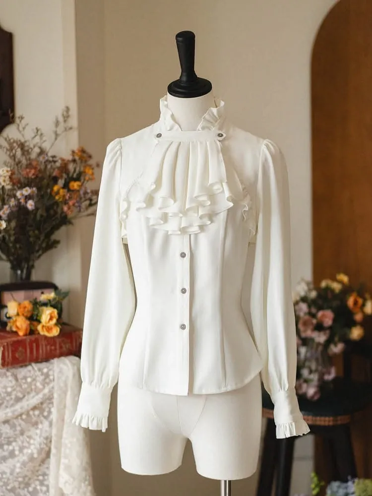 White Ruffled Banded Collar Elegant Long Sleeeves Shirt with Detachable Bow/Jabot Tie