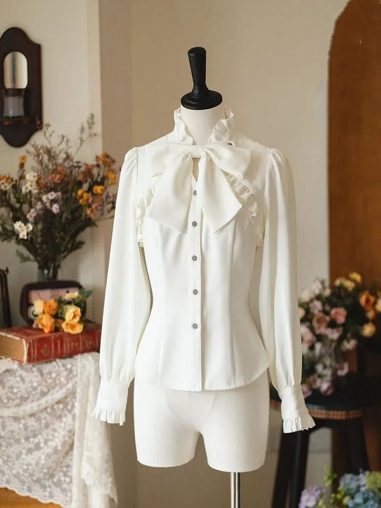 White Ruffled Banded Collar Elegant Long Sleeeves Shirt with Detachable Bow/Jabot Tie